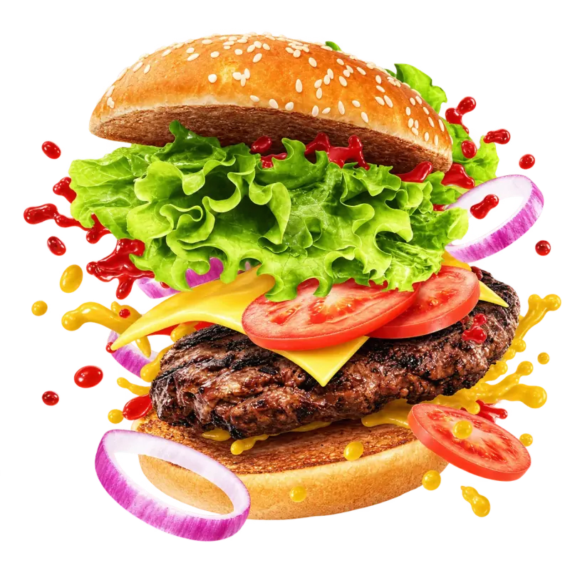 Burger with cheese, lettuce, tomato and a toasted bun